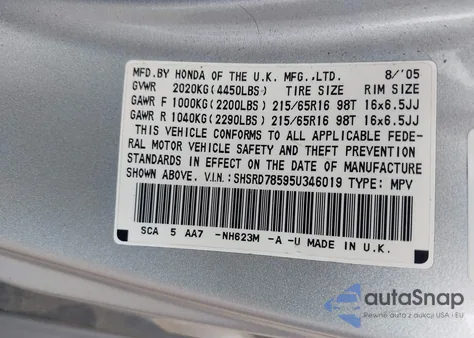 2005 Honda Cr-V Lx z USA, uszkodzony, nr VIN SHSRD78595U346019
